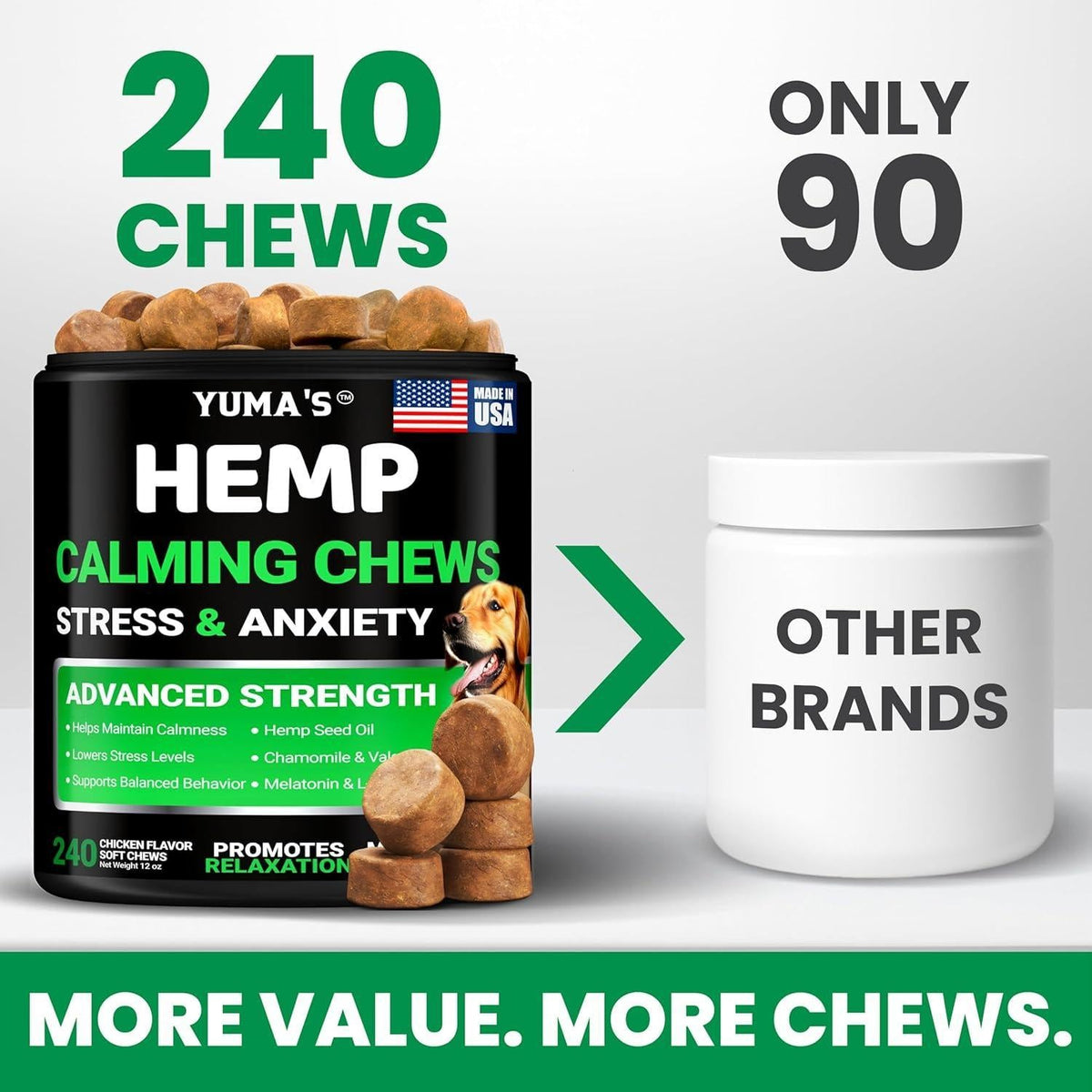 Hemp Calming Chews for Dogs-Anxiety Relief-Melatonin & Chamomile-240 Count
