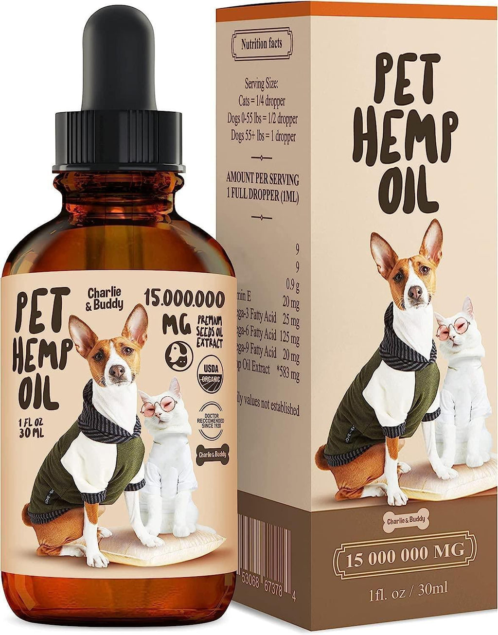 Hemp Oil for Dogs & Cats - Joint, Anxiety & Skin Support - Omega 3, 6, 9 - 1 Fl Oz