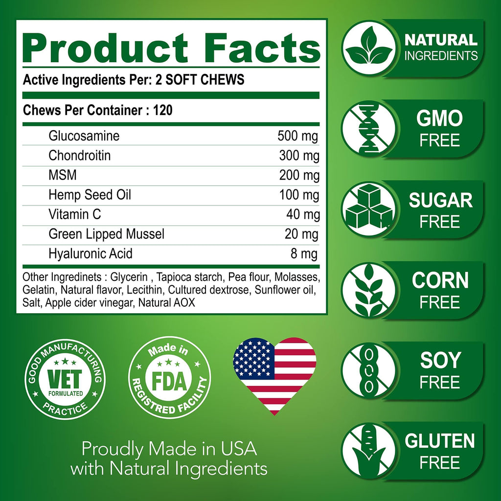 Hemp Hip & Joint Supplement for Dogs-Glucosamine-120 Chews