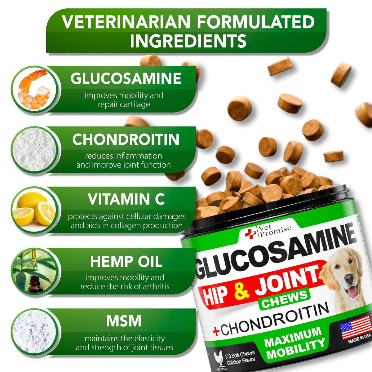 Glucosamine for Dogs-Mobility Chews-Chondroitin MSM & Hemp-170 Count
