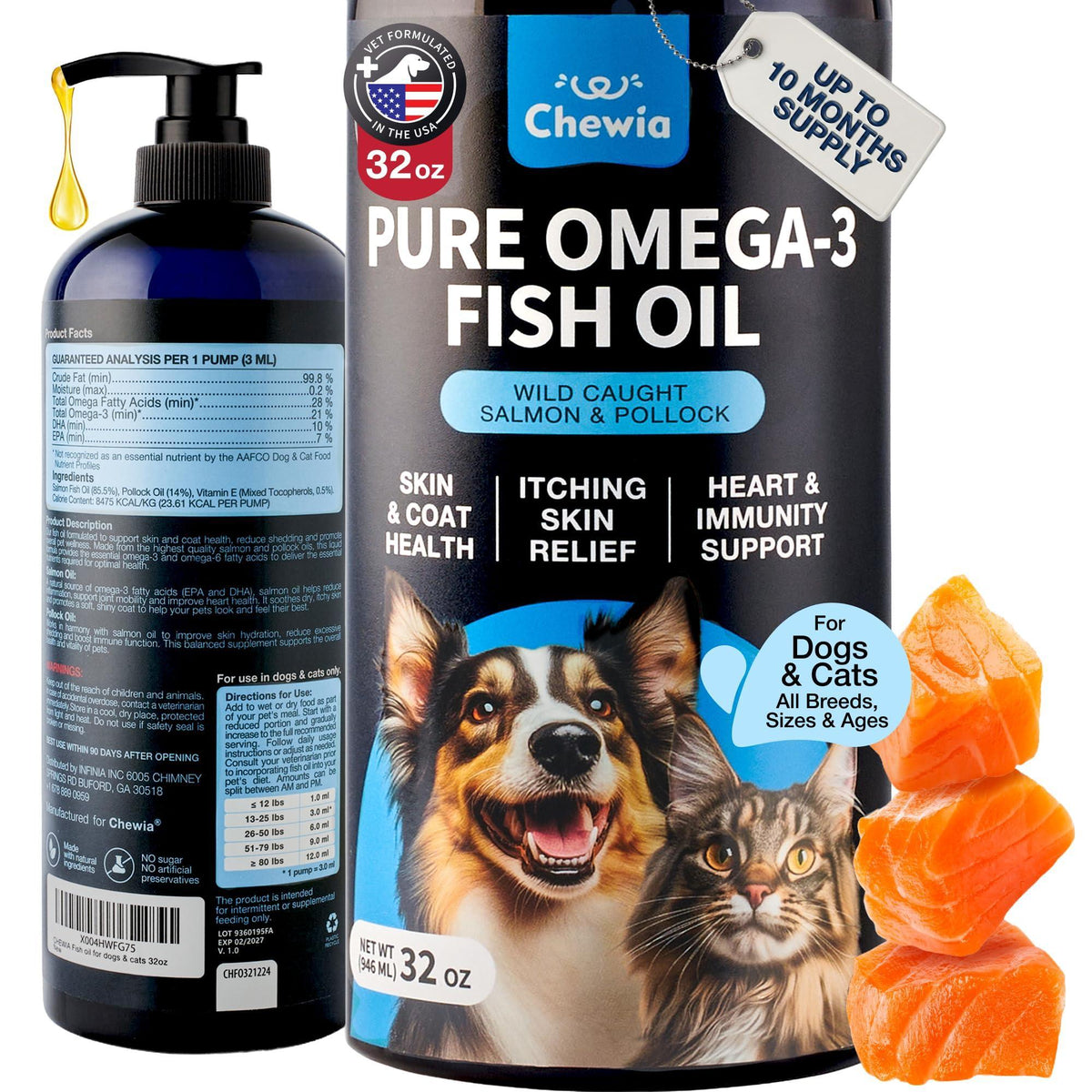 Fish Oil for Dogs & Cats - Omega 3, 6, 9 Skin & Coat Supplement - Wild Caught Salmon & Pollock - 32 oz