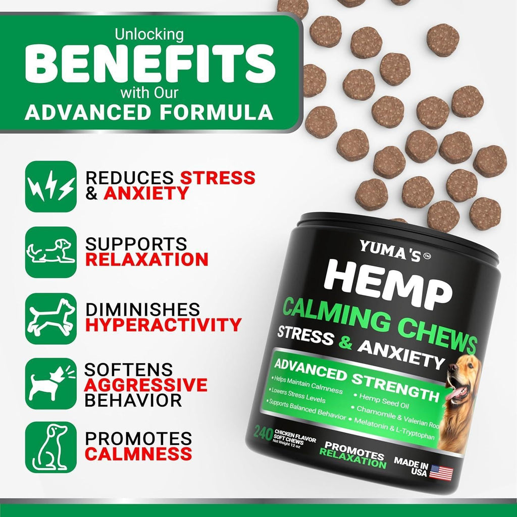 Hemp Calming Chews for Dogs-Anxiety Relief-Melatonin & Chamomile-240 Count