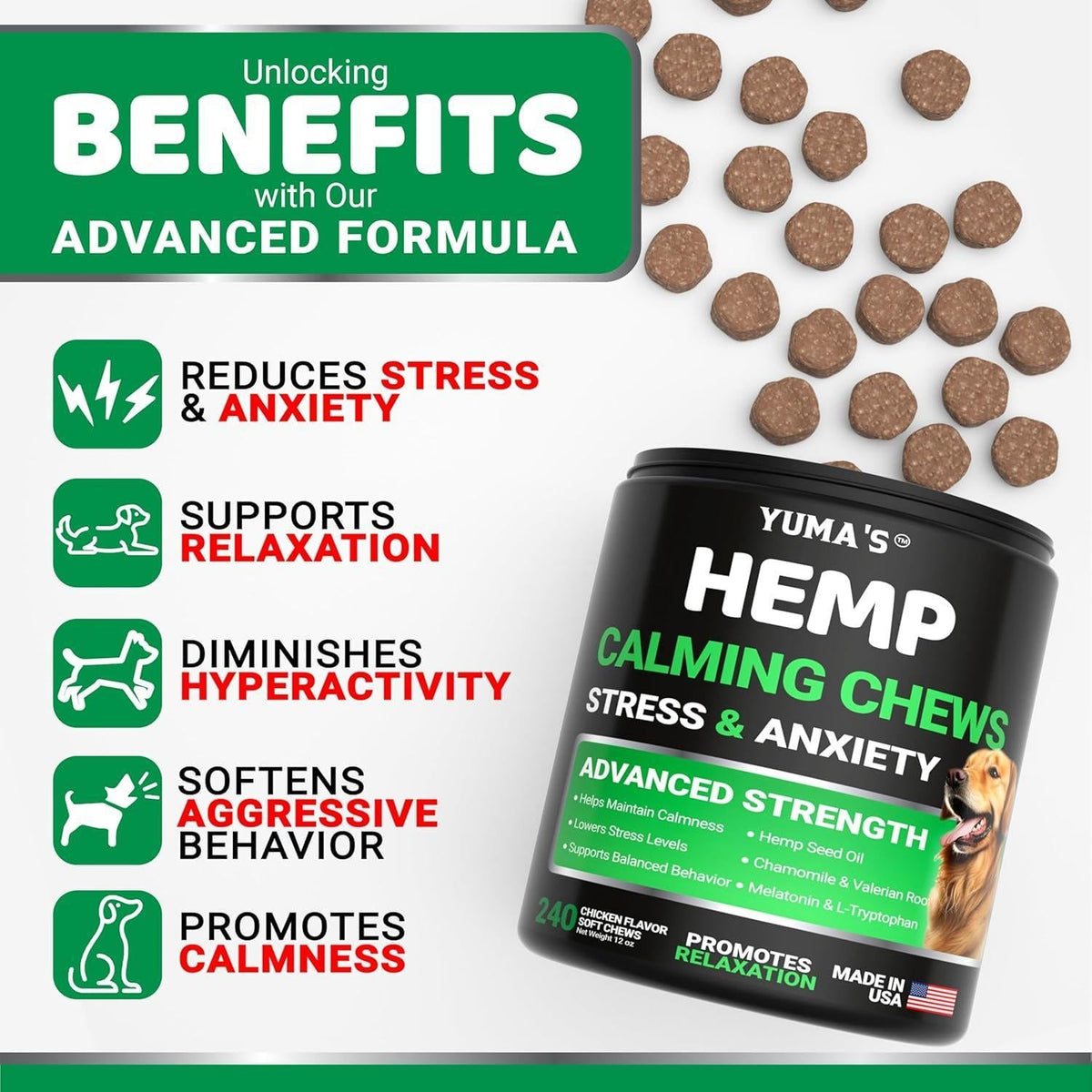 Hemp Calming Chews for Dogs-Anxiety Relief-Melatonin & Chamomile-240 Count