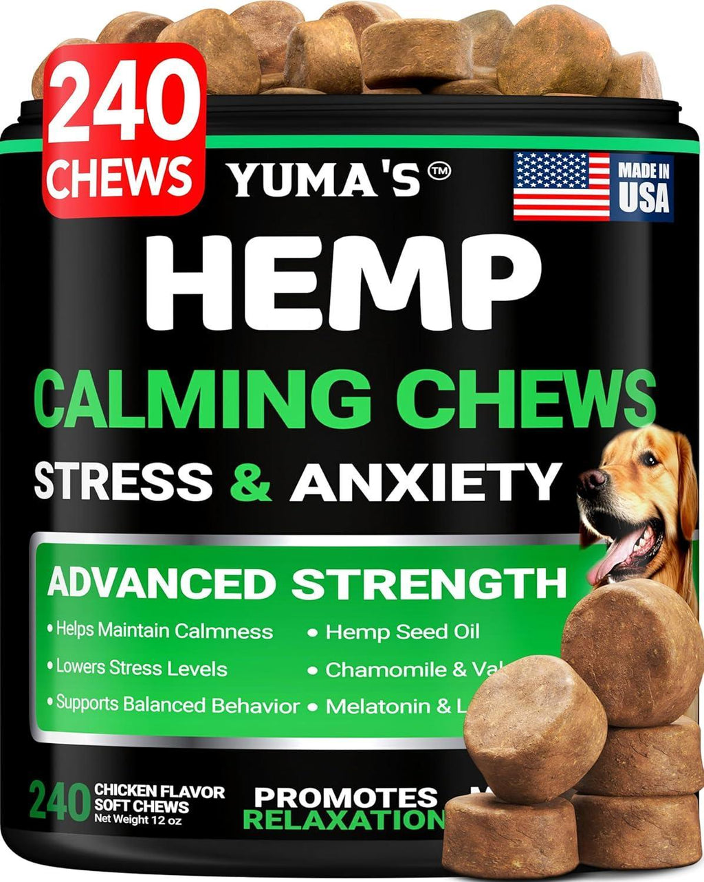 Hemp Calming Chews for Dogs-Anxiety Relief-Melatonin & Chamomile-240 Count
