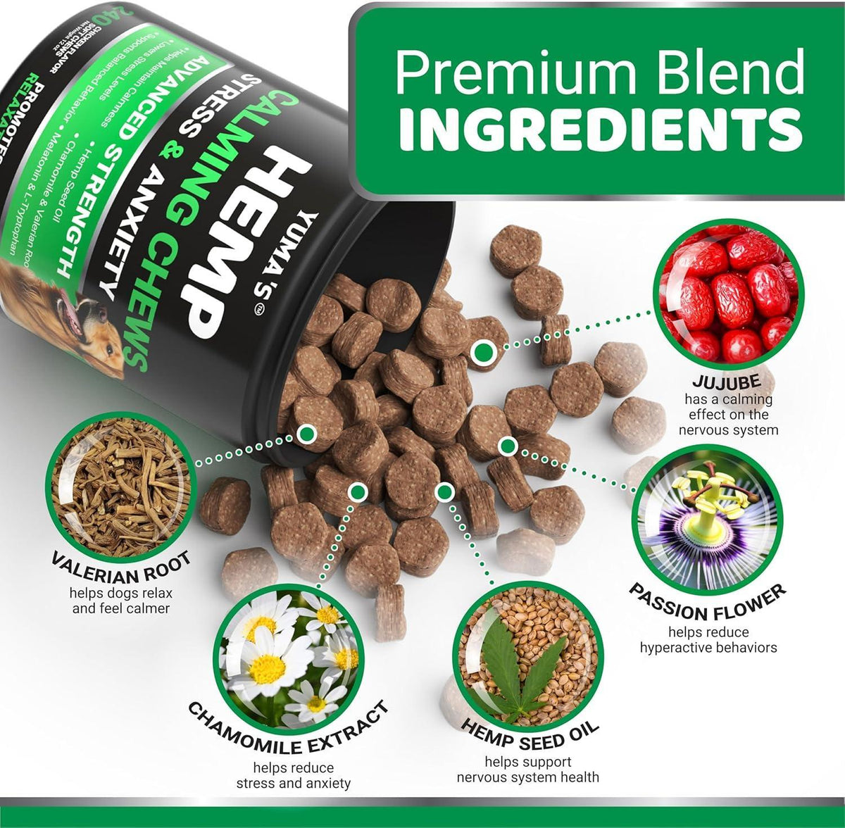 Hemp Calming Chews for Dogs-Anxiety Relief-Melatonin & Chamomile-240 Count