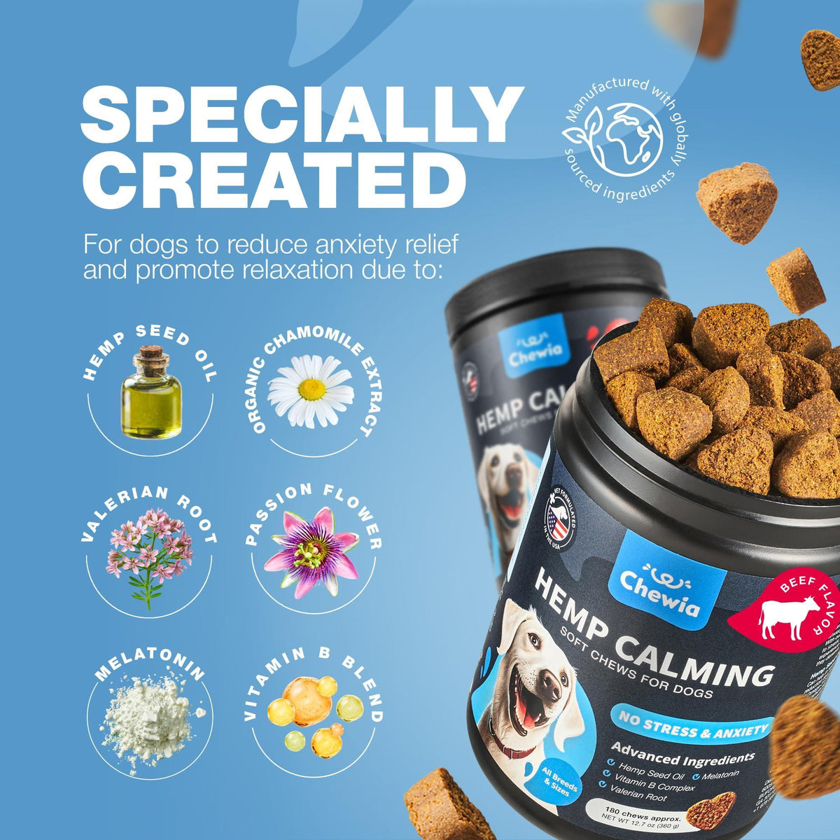 Hemp Calming Chews for Dogs-Anxiety Relief-L Theanine & Chamomile